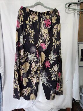 Plus Size Tropical Palazzo Pants 1X 2X Black Floral Wide Leg Resort